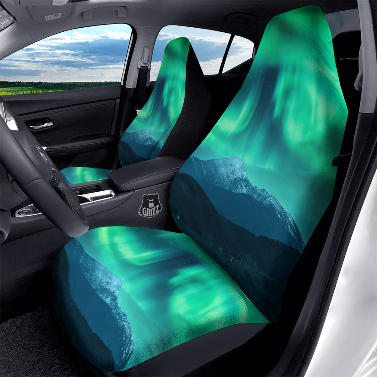 Green Northern Lights And Snowy Mountains Print Car Seat Covers-grizzshop