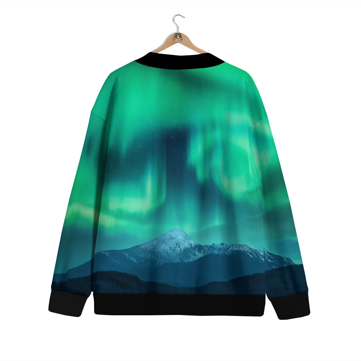 Green Northern Lights And Snowy Mountains Print Cardigan-grizzshop
