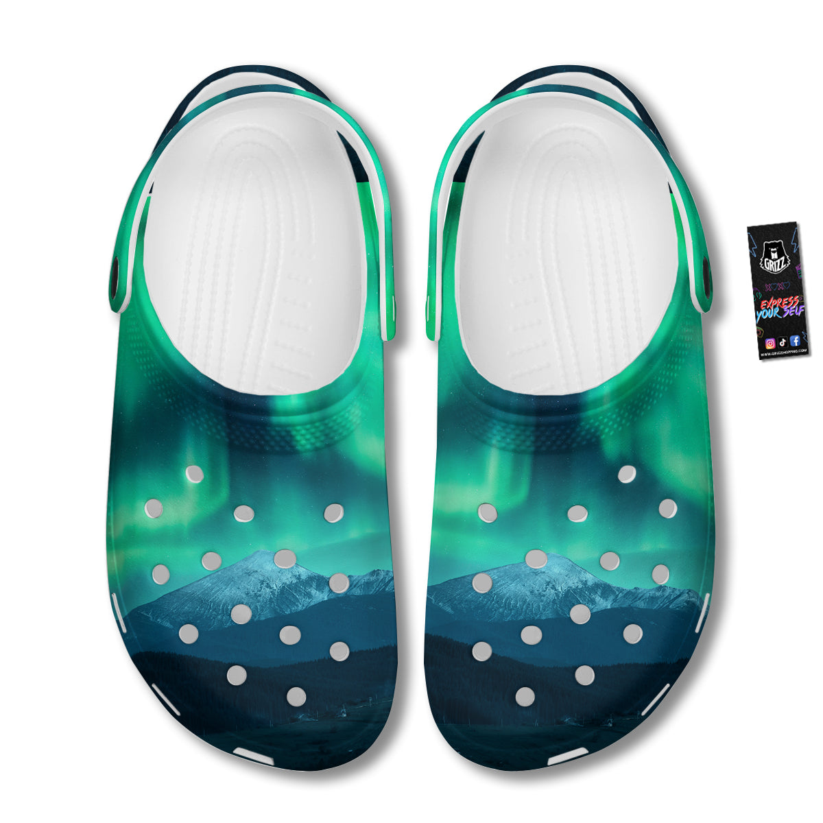 Green Northern Lights And Snowy Mountains Print Clog-grizzshop