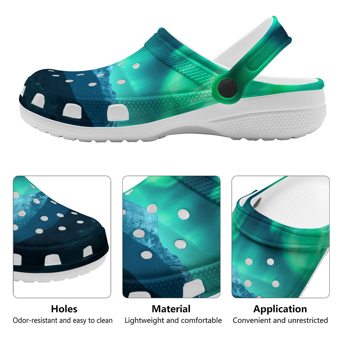 Green Northern Lights And Snowy Mountains Print Clog-grizzshop