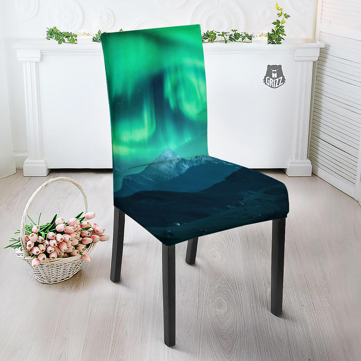 Green Northern Lights And Snowy Mountains Print Dining Chair Slipcover-grizzshop