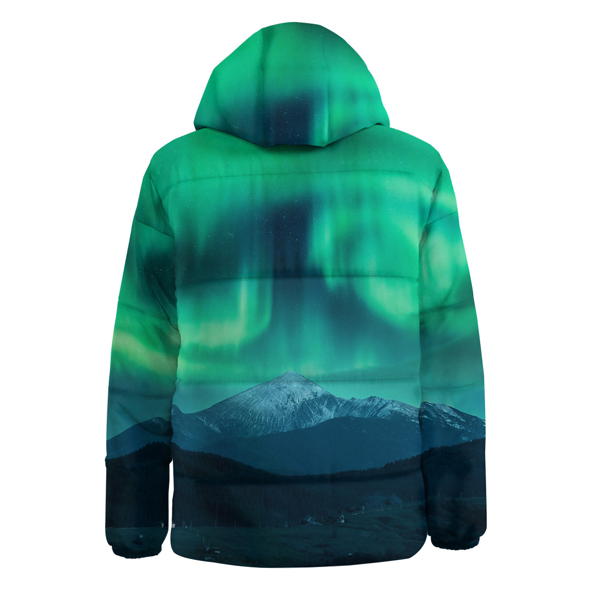 Green Northern Lights And Snowy Mountains Print Down Jacket-grizzshop