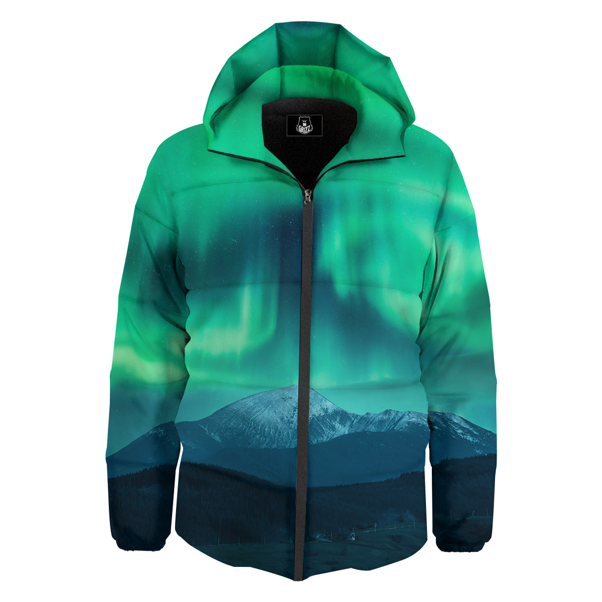 Green Northern Lights And Snowy Mountains Print Down Jacket-grizzshop
