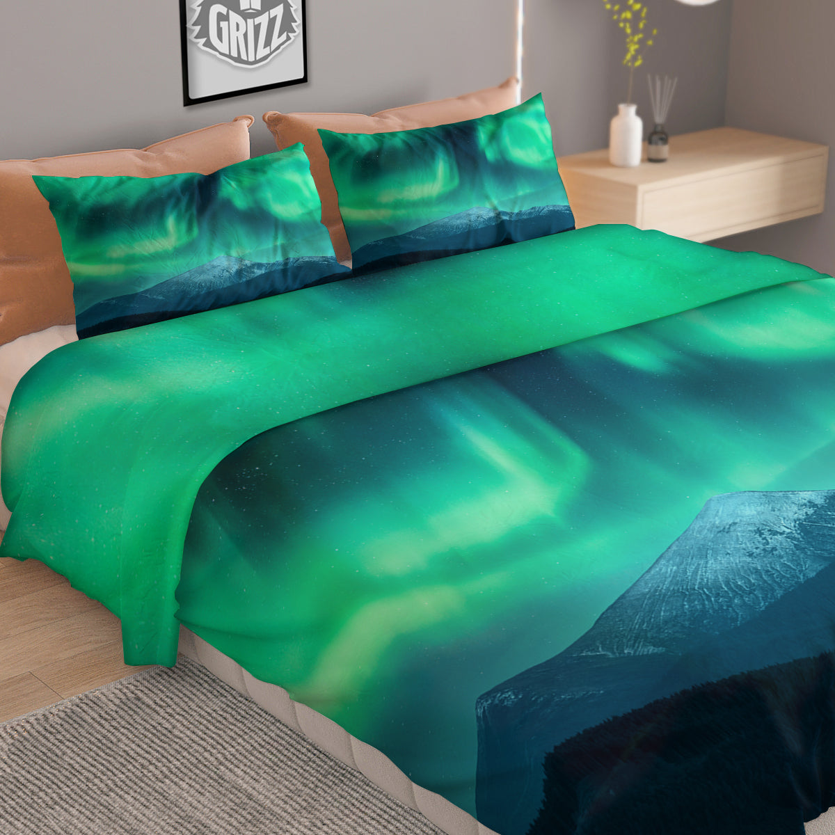 Green Northern Lights And Snowy Mountains Print Duvet Cover Bedding Set