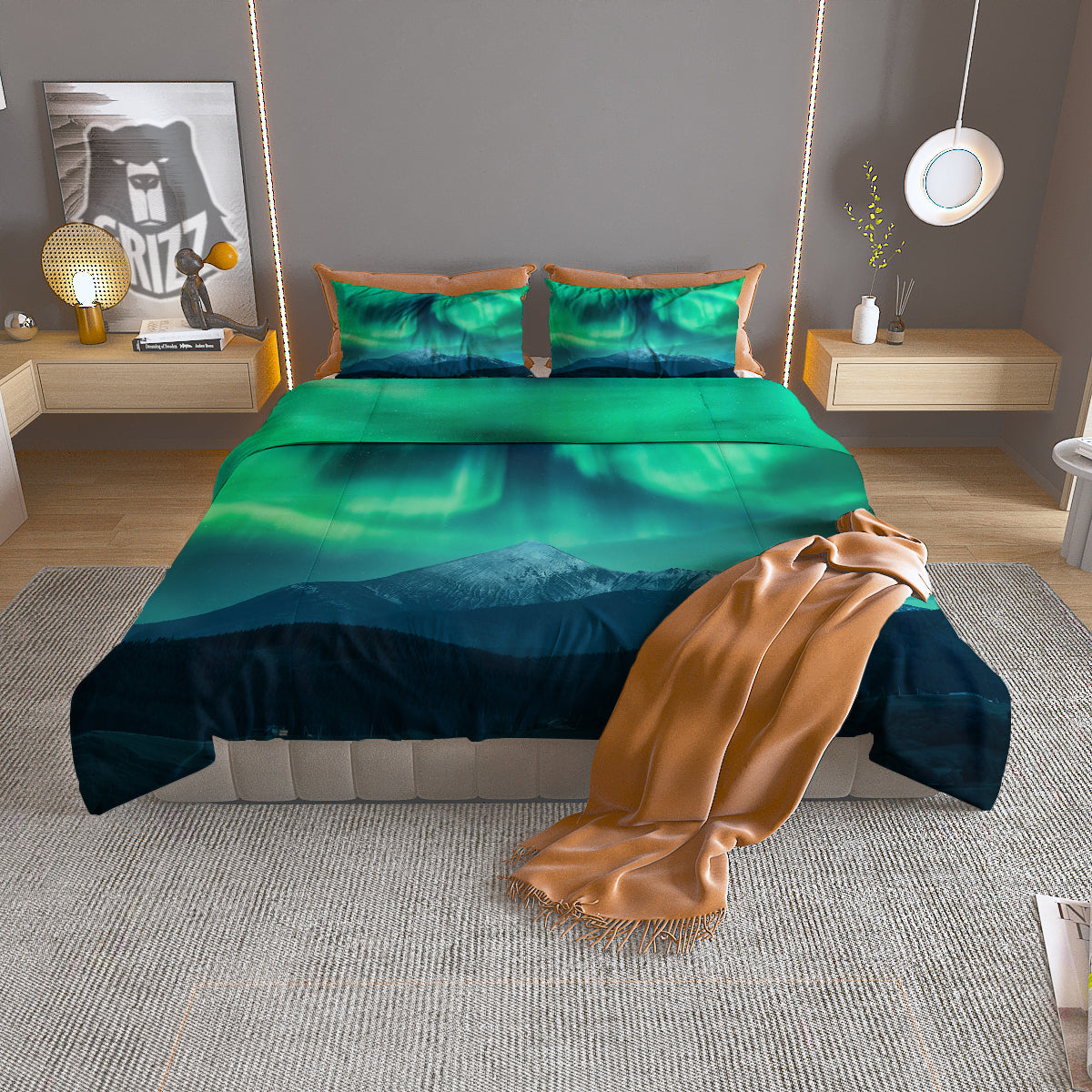 Green Northern Lights And Snowy Mountains Print Duvet Cover Bedding Set
