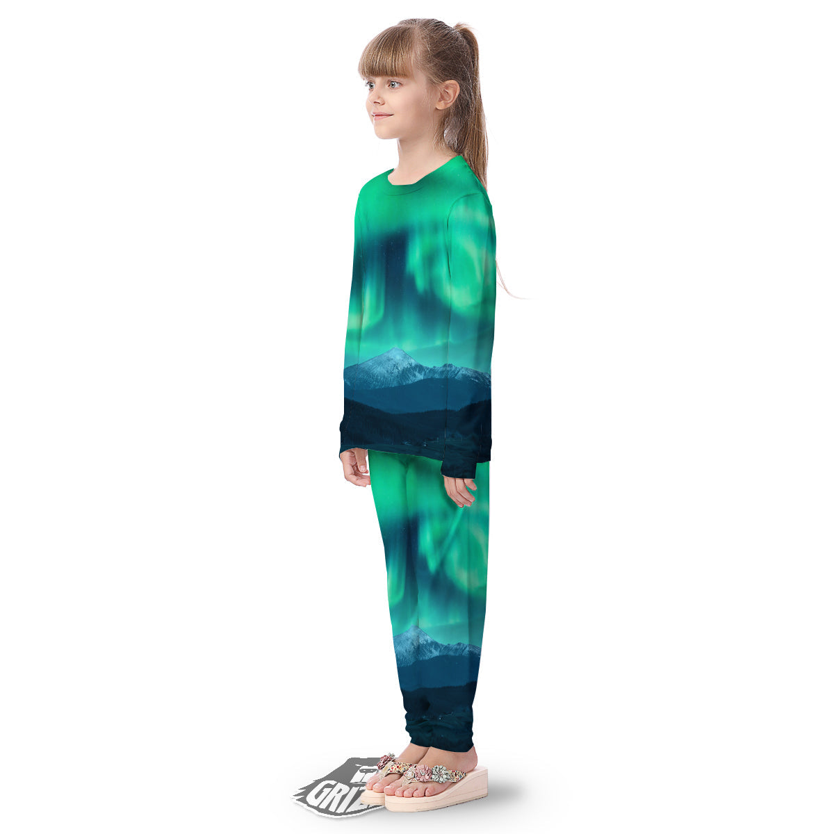 Green Northern Lights And Snowy Mountains Print Kid's Pajamas-grizzshop