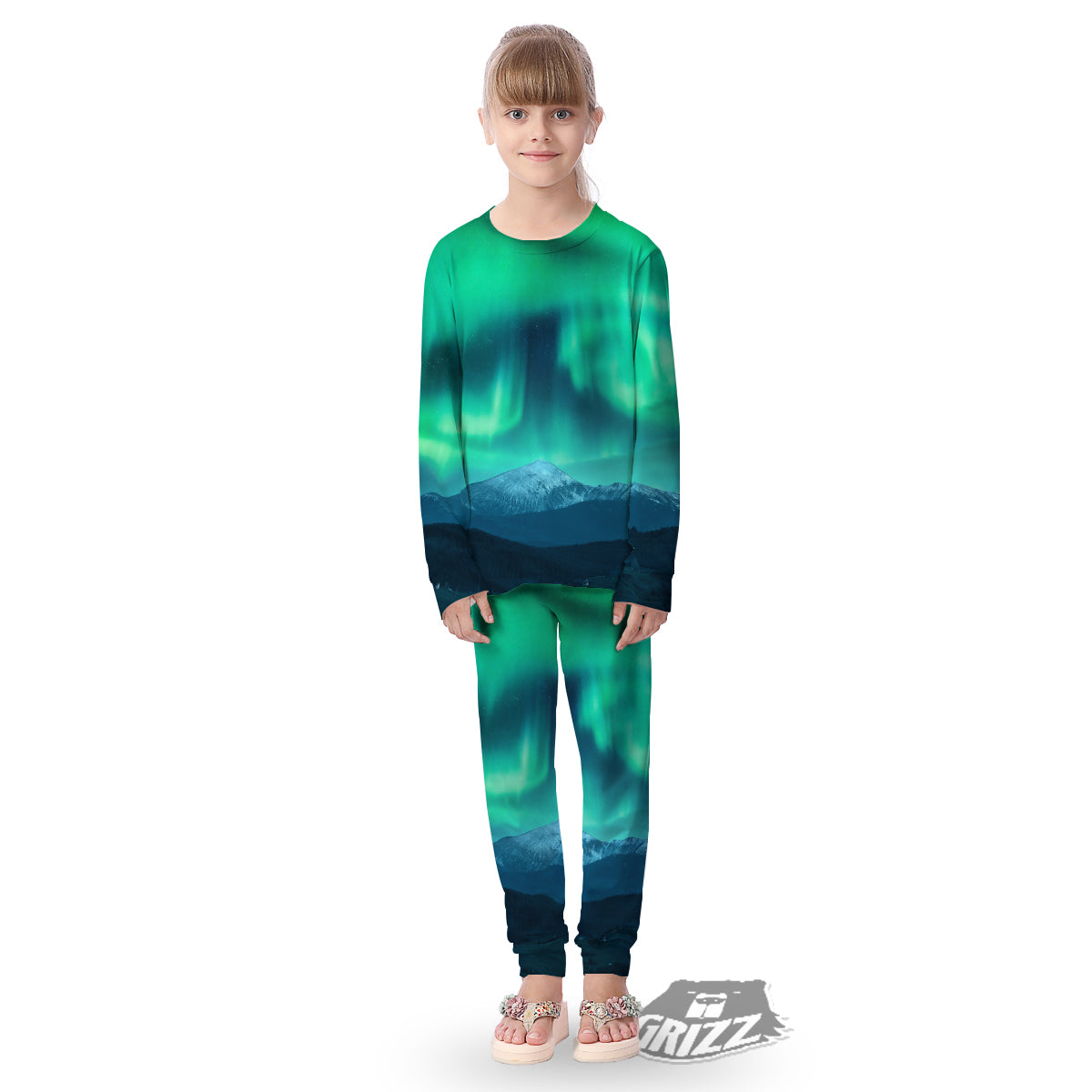 Green Northern Lights And Snowy Mountains Print Kid's Pajamas-grizzshop