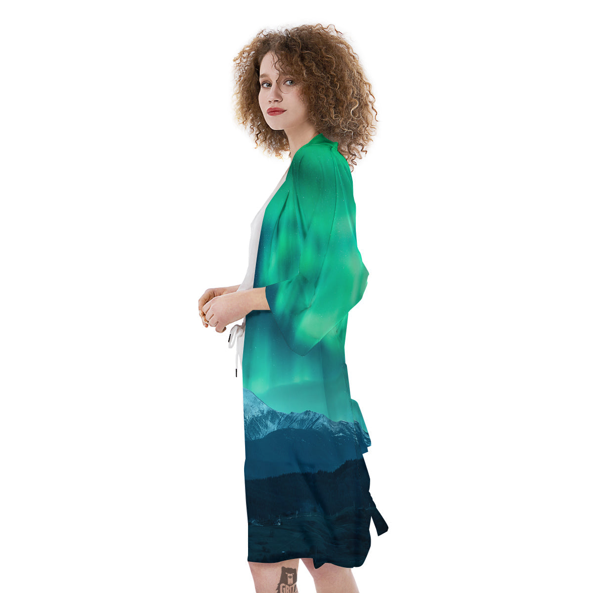 Green Northern Lights And Snowy Mountains Print Kimono-grizzshop