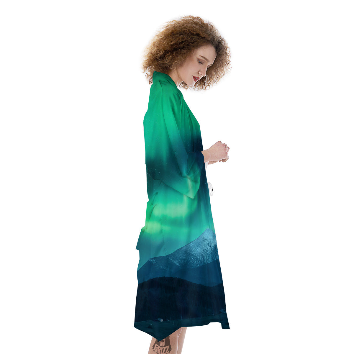 Green Northern Lights And Snowy Mountains Print Kimono-grizzshop