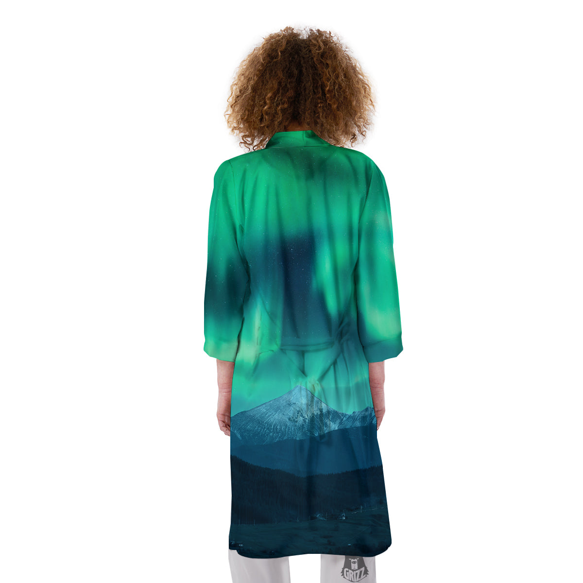 Green Northern Lights And Snowy Mountains Print Kimono-grizzshop
