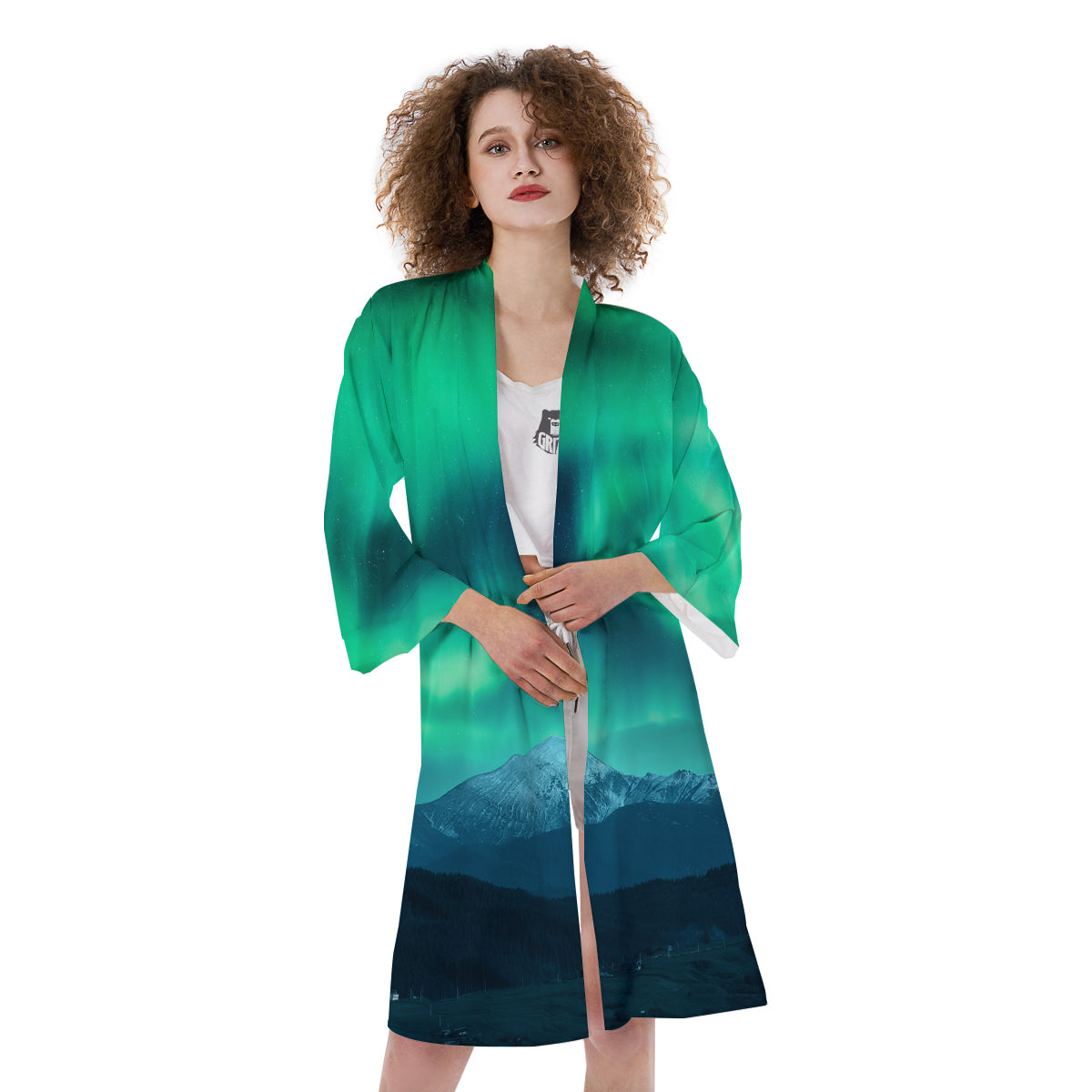 Green Northern Lights And Snowy Mountains Print Kimono-grizzshop