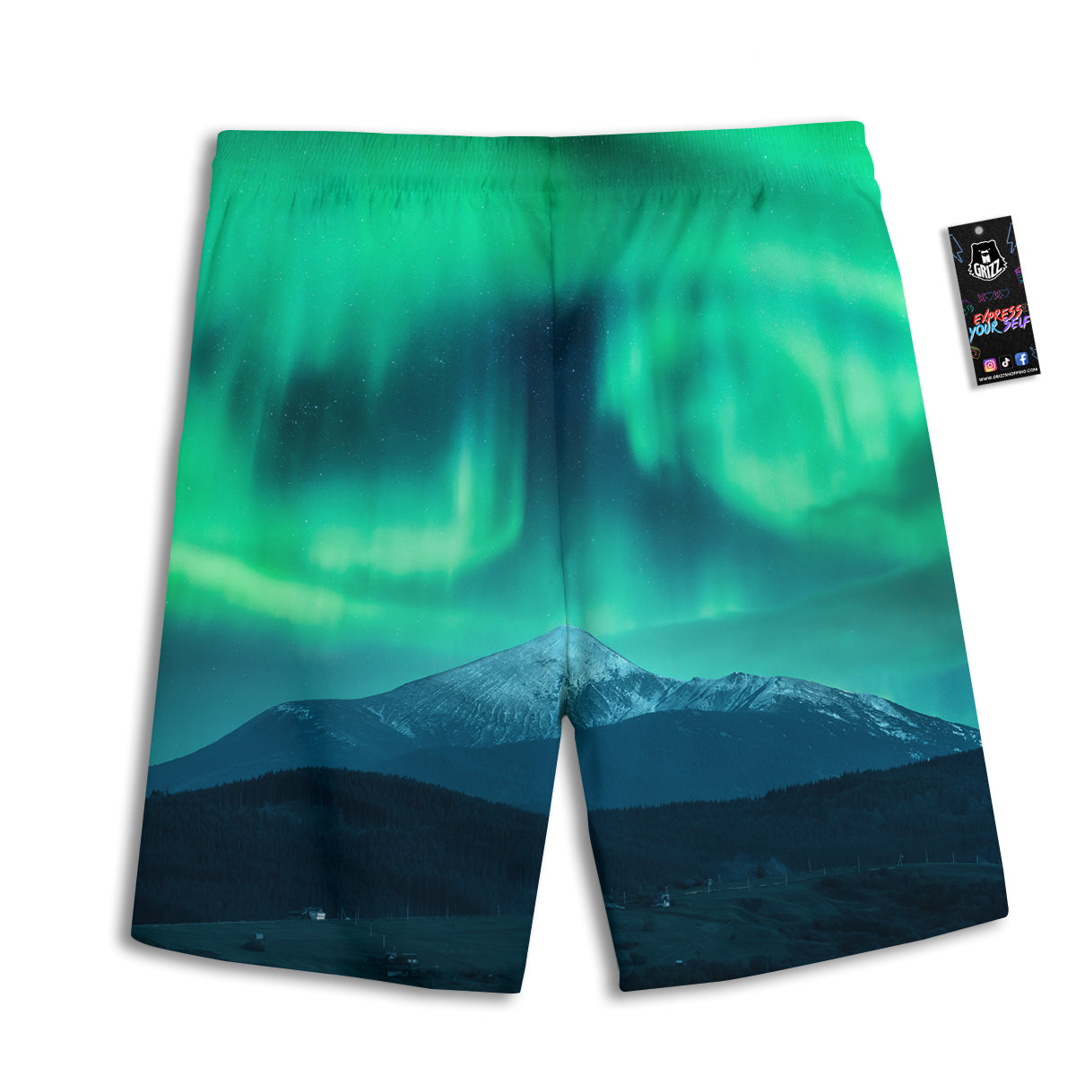 Green Northern Lights And Snowy Mountains Print Men's Athletic Shorts