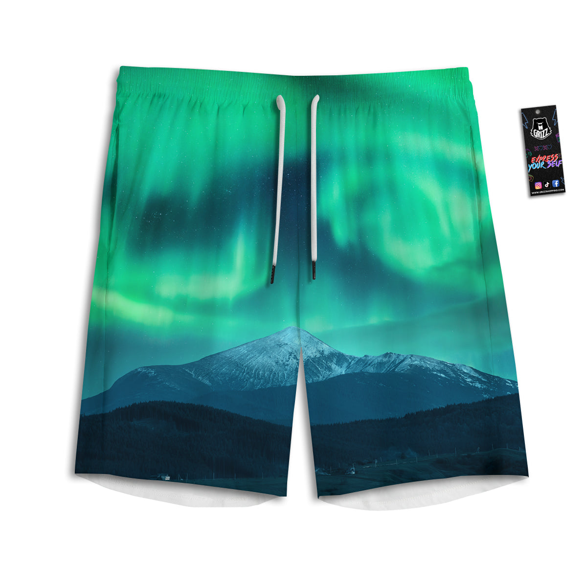 Green Northern Lights And Snowy Mountains Print Men's Athletic Shorts