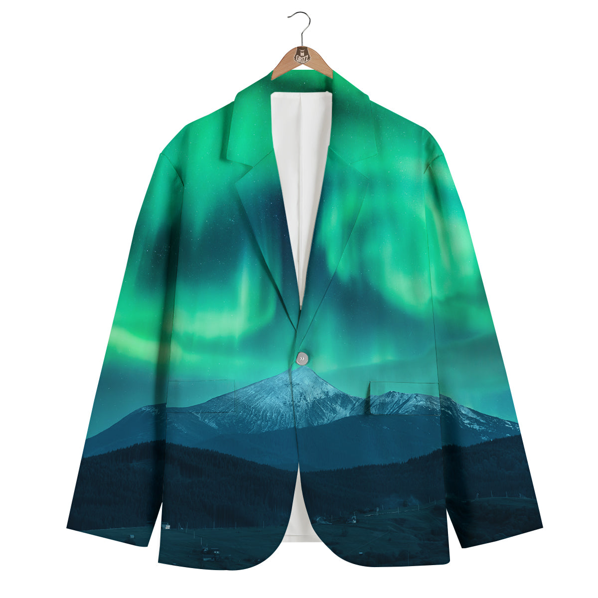 Green Northern Lights And Snowy Mountains Print Men's Blazer-grizzshop