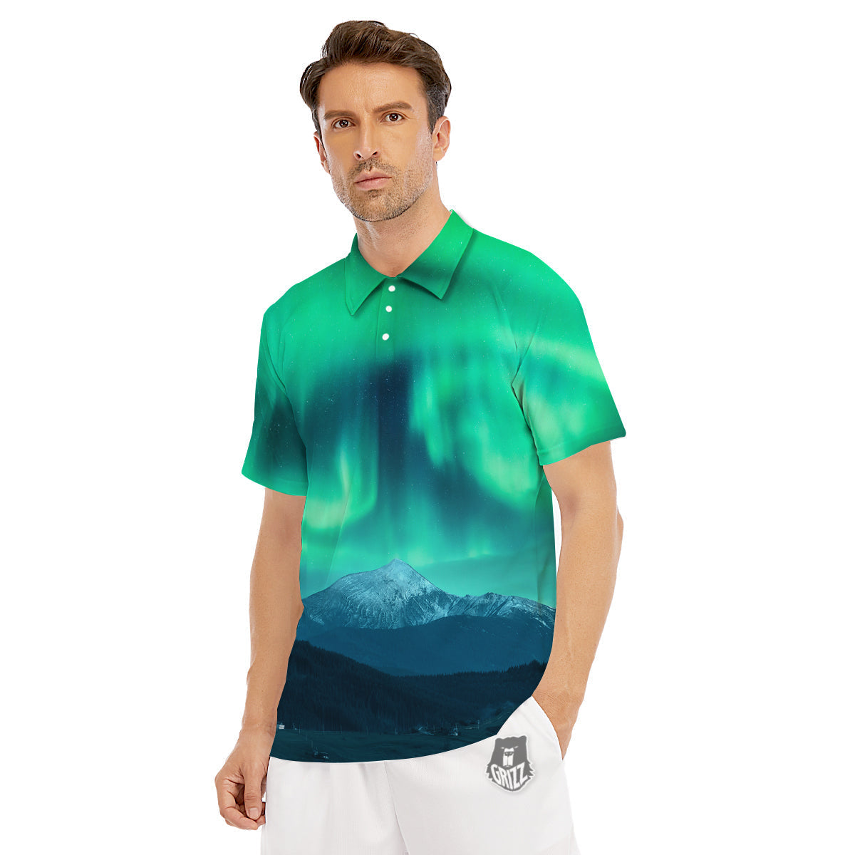 Green Northern Lights And Snowy Mountains Print Men's Golf Shirts-grizzshop