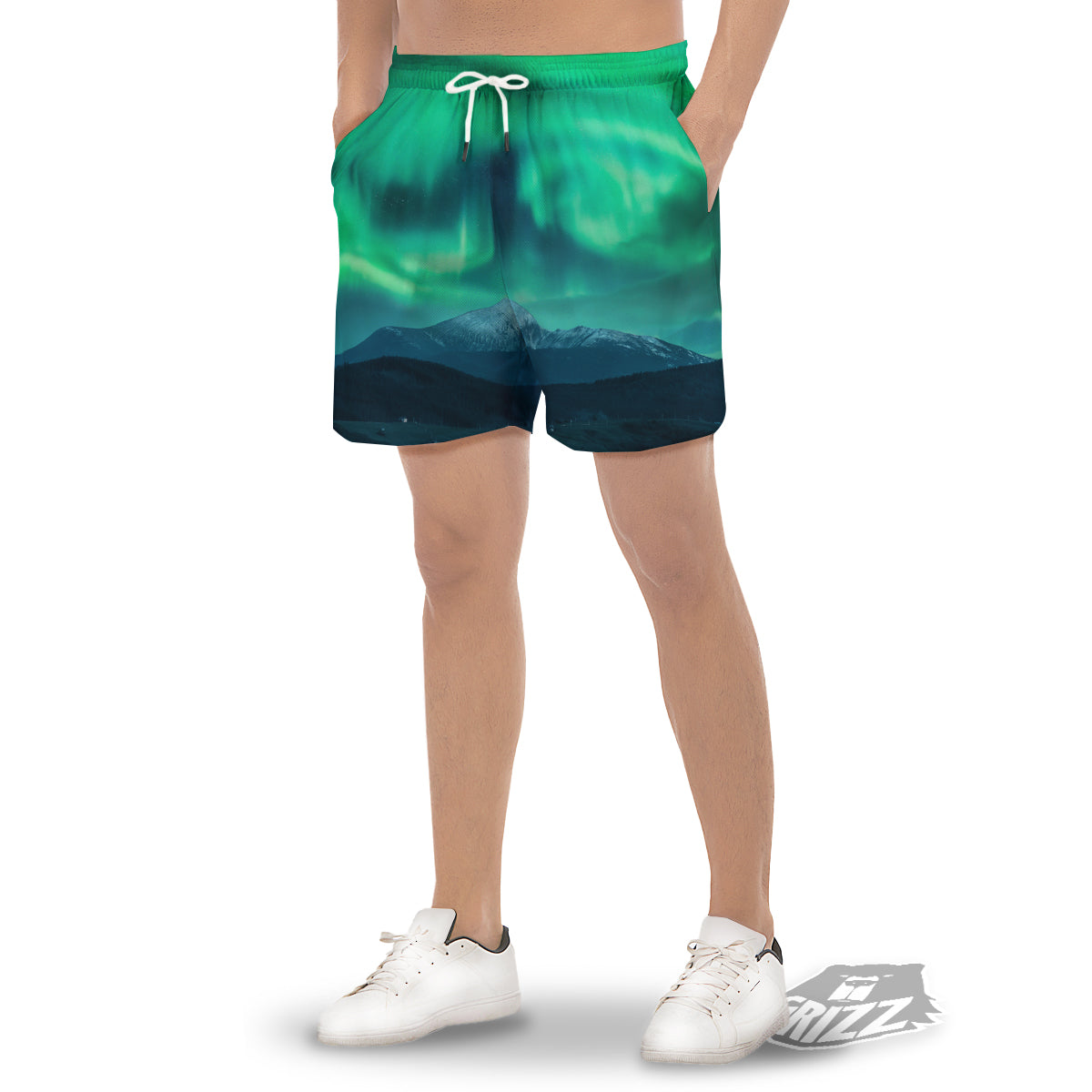 Green Northern Lights And Snowy Mountains Print Men's Gym Shorts-grizzshop
