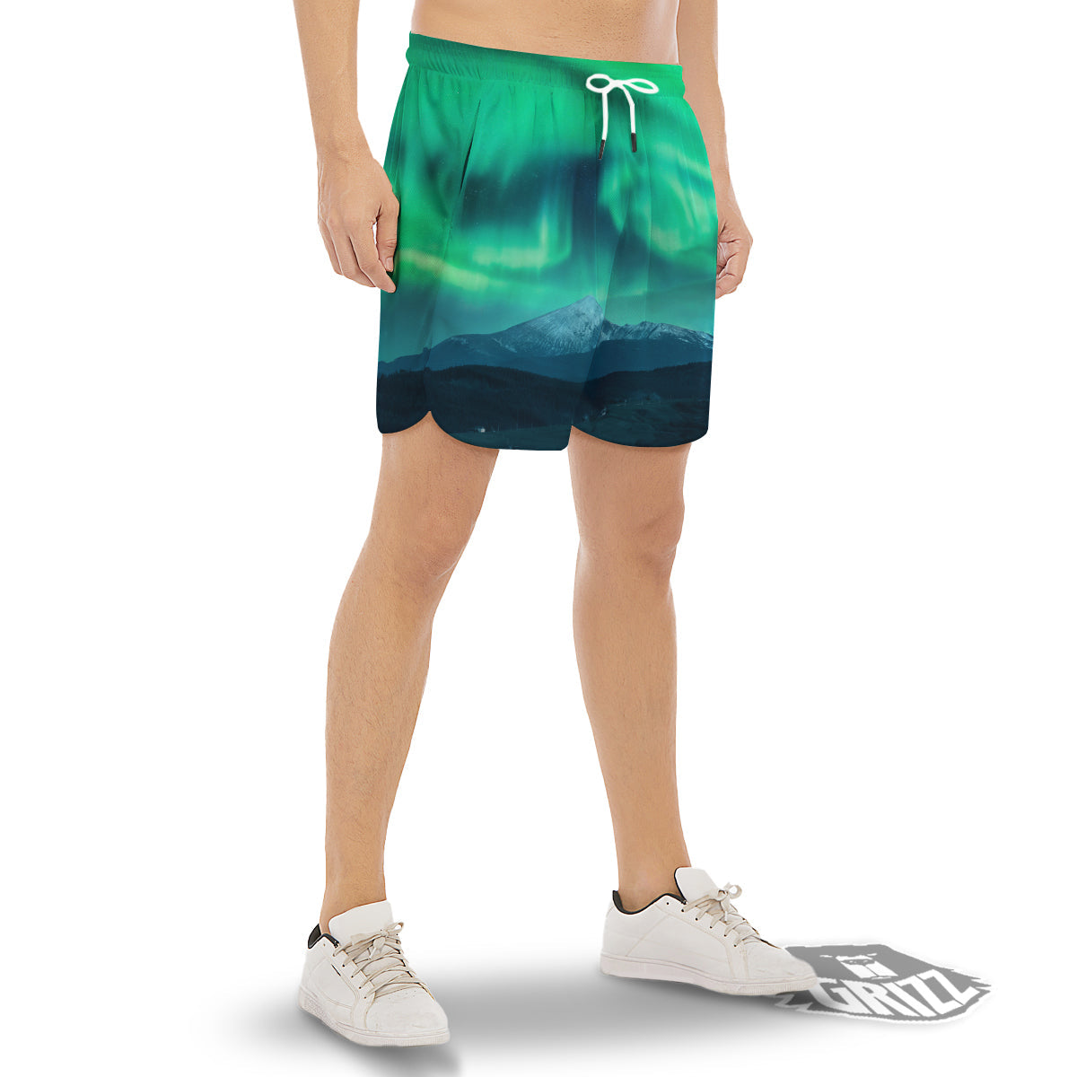 Green Northern Lights And Snowy Mountains Print Men's Gym Shorts-grizzshop
