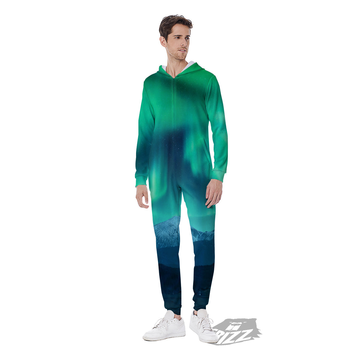 Green Northern Lights And Snowy Mountains Print Men's Jumpsuit-grizzshop