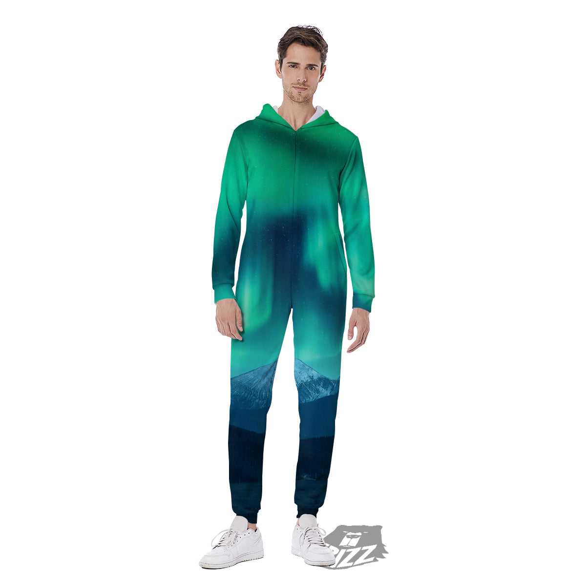 Green Northern Lights And Snowy Mountains Print Men's Jumpsuit-grizzshop