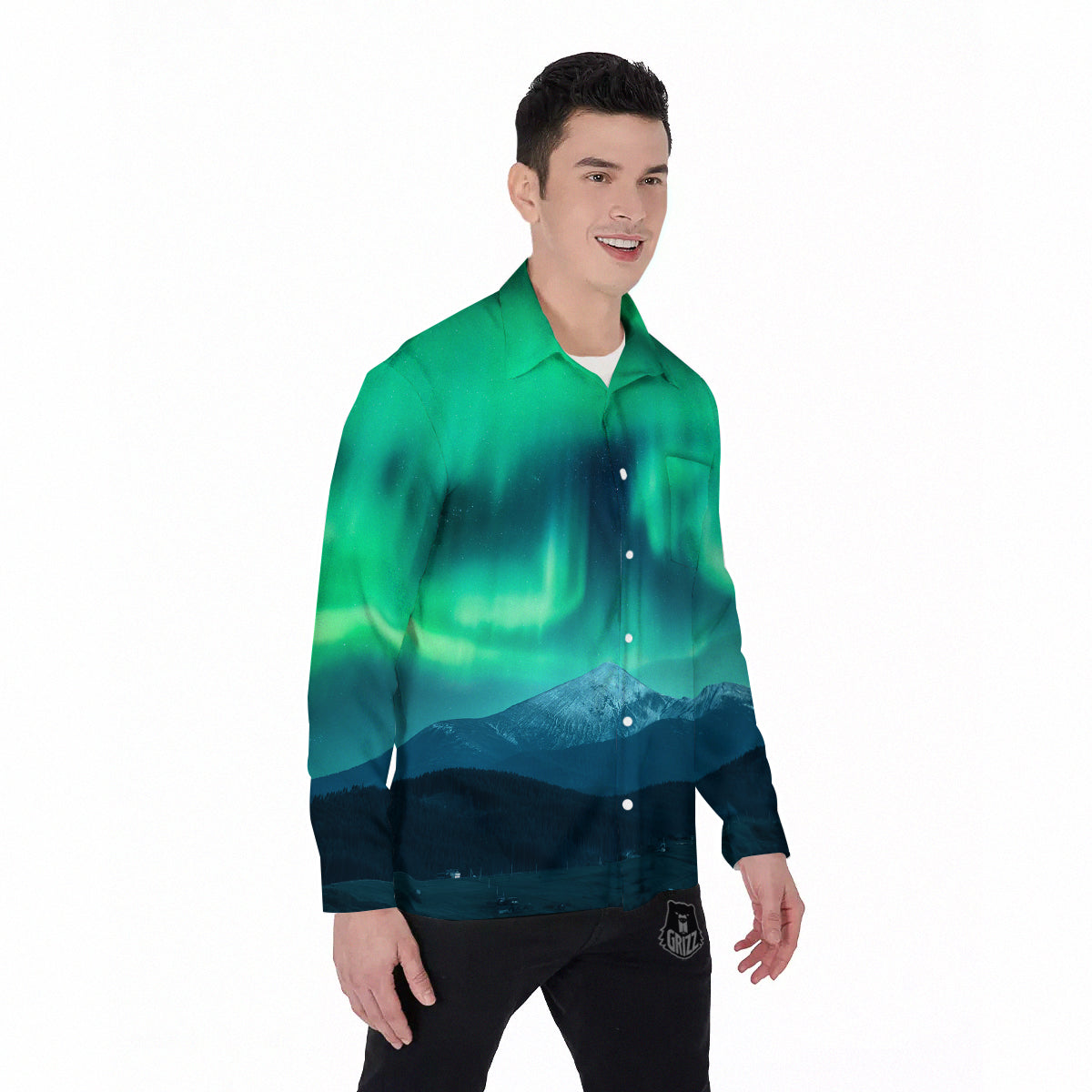 Green Northern Lights And Snowy Mountains Print Men's Long Sleeve Shirts-grizzshop