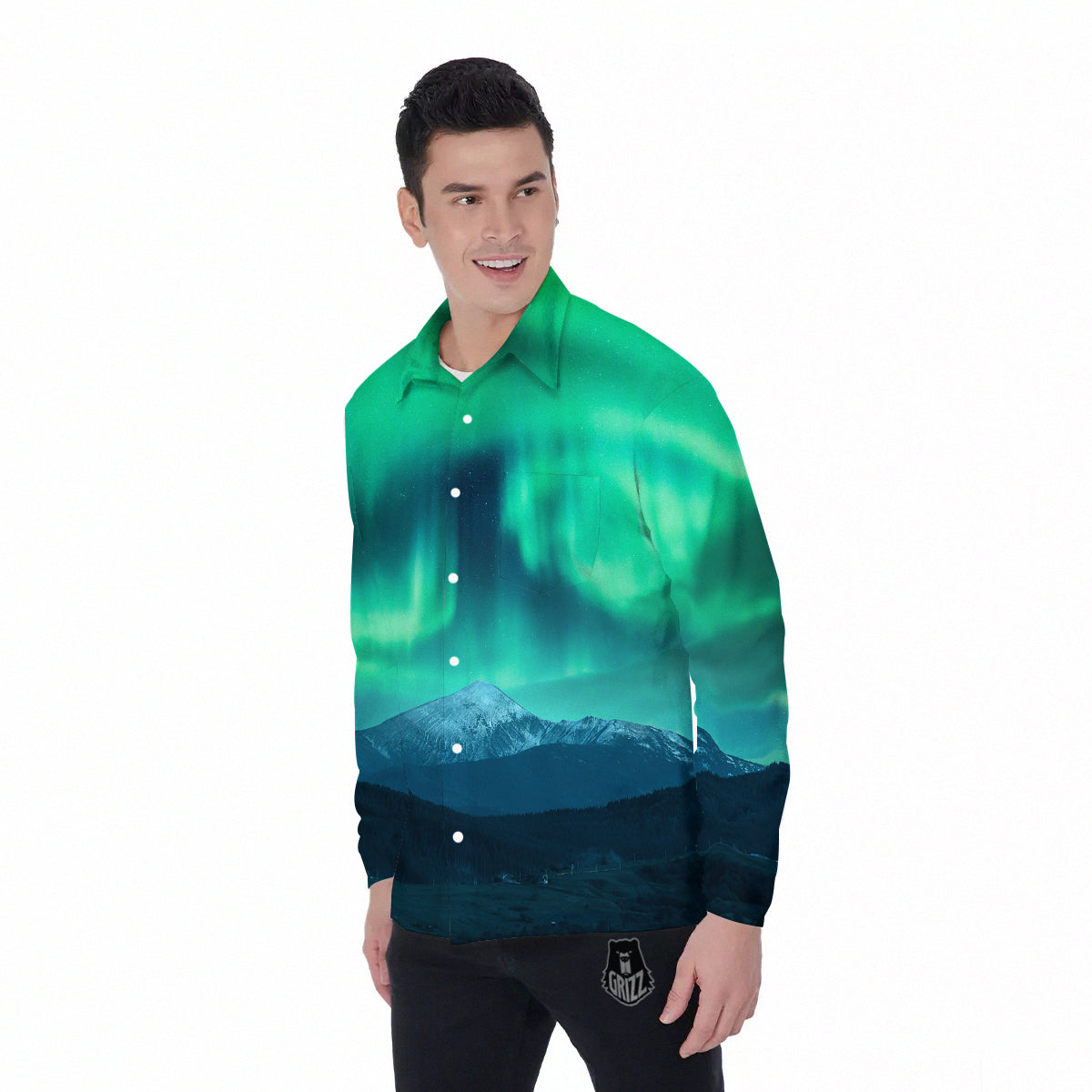 Green Northern Lights And Snowy Mountains Print Men's Long Sleeve Shirts-grizzshop