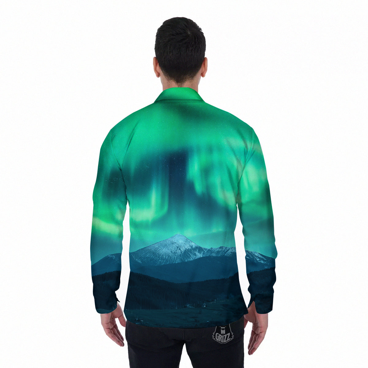 Green Northern Lights And Snowy Mountains Print Men's Long Sleeve Shirts-grizzshop