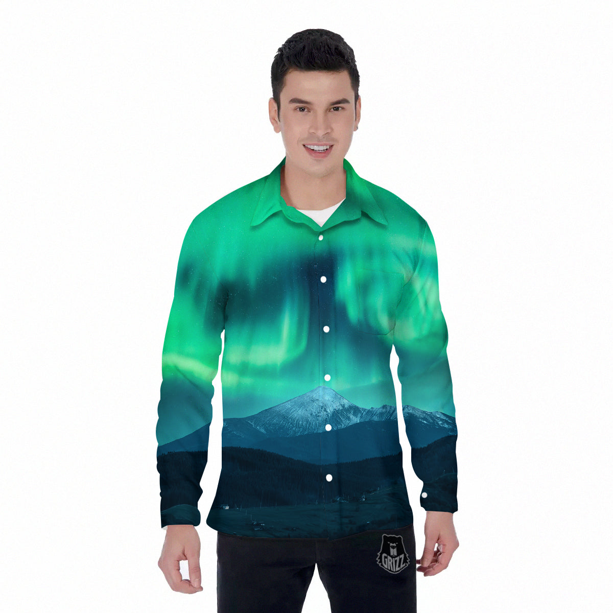 Green Northern Lights And Snowy Mountains Print Men's Long Sleeve Shirts-grizzshop