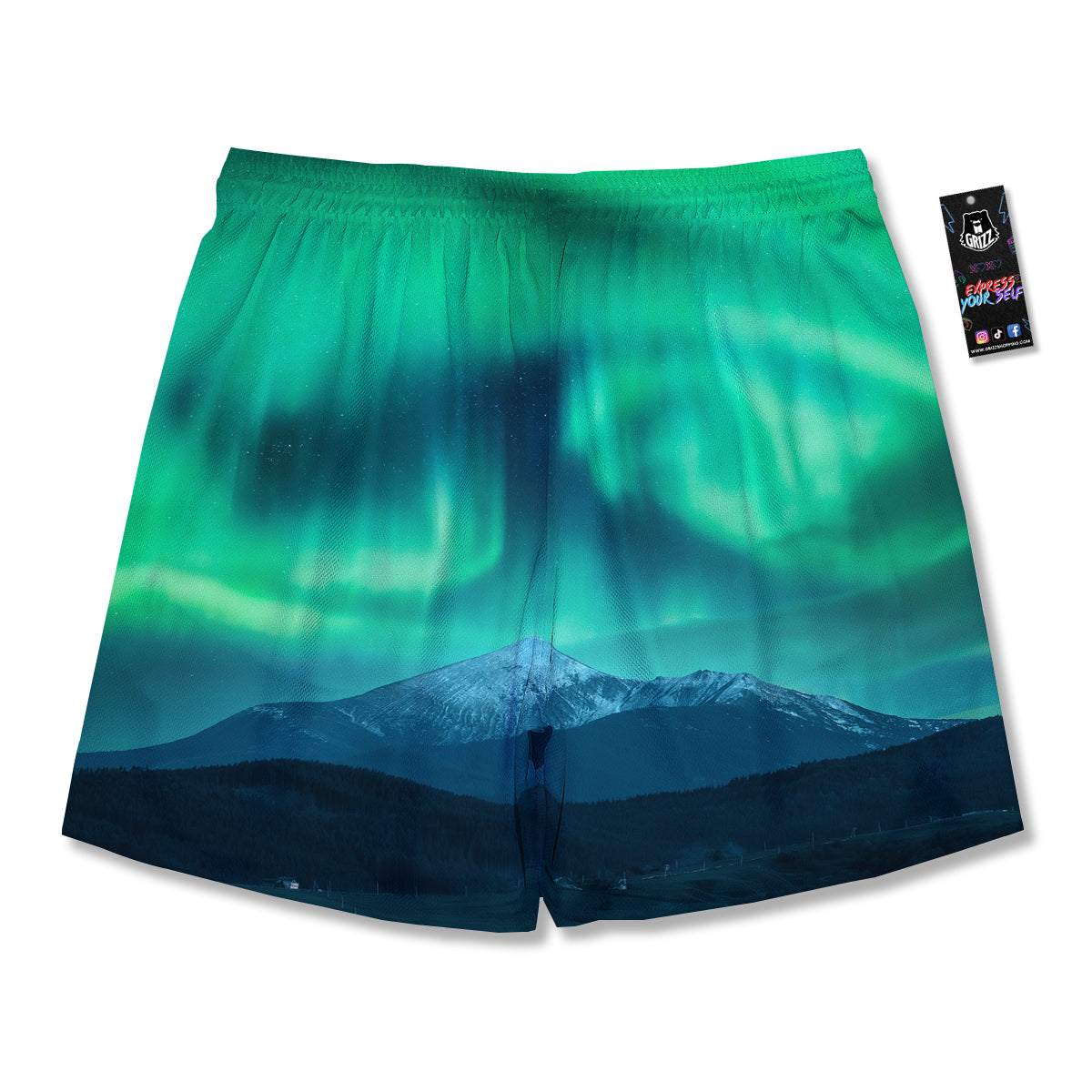 Green Northern Lights And Snowy Mountains Print Men's Running Shorts-grizzshop