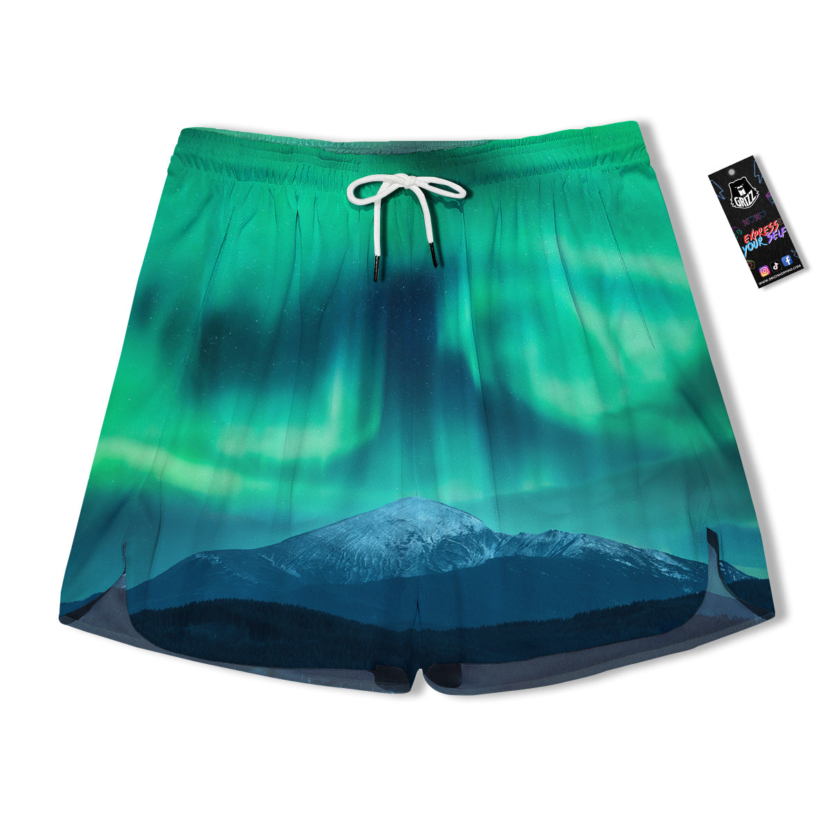 Green Northern Lights And Snowy Mountains Print Men's Running Shorts-grizzshop
