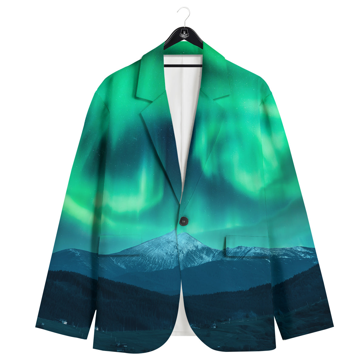 Green Northern Lights And Snowy Mountains Print Men's Sport Coat-grizzshop