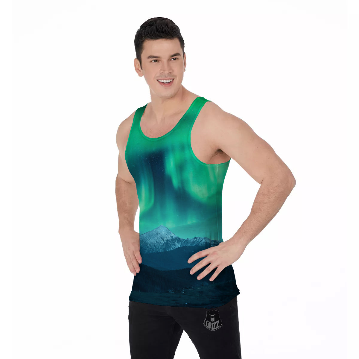 Green Northern Lights And Snowy Mountains Print Men's Tank Top-grizzshop