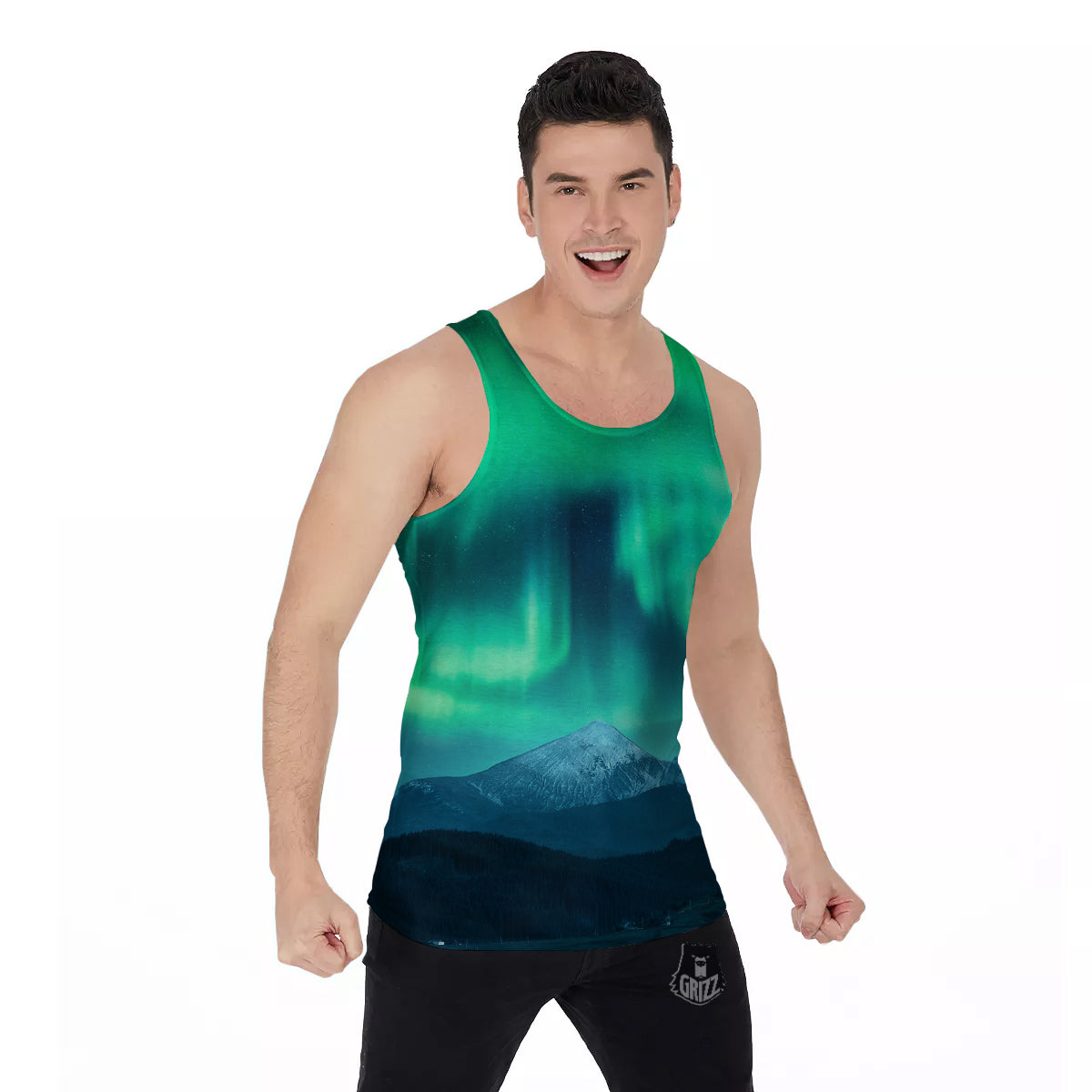 Green Northern Lights And Snowy Mountains Print Men's Tank Top-grizzshop