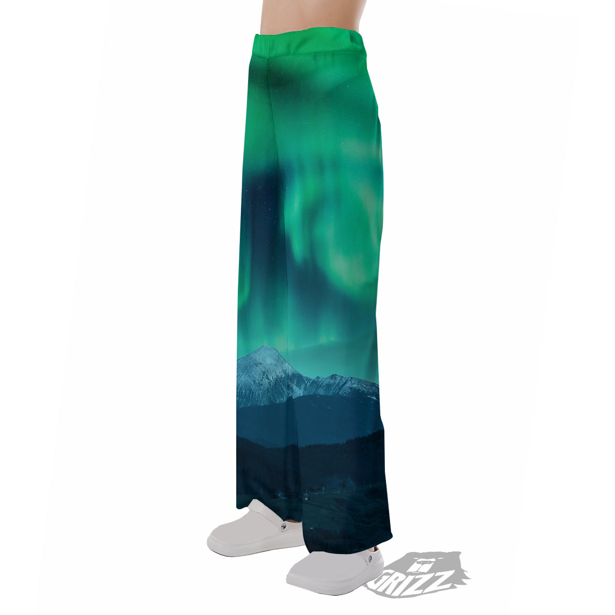 Green Northern Lights And Snowy Mountains Print Pajama Pants-grizzshop