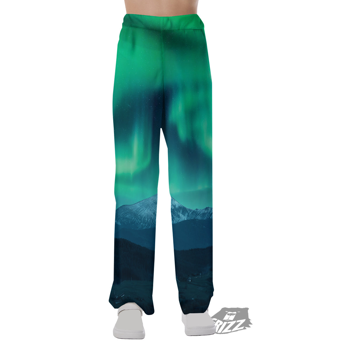 Green Northern Lights And Snowy Mountains Print Pajama Pants-grizzshop