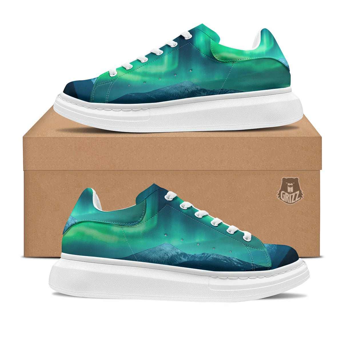 Green Northern Lights And Snowy Mountains Print Platform Shoes-grizzshop