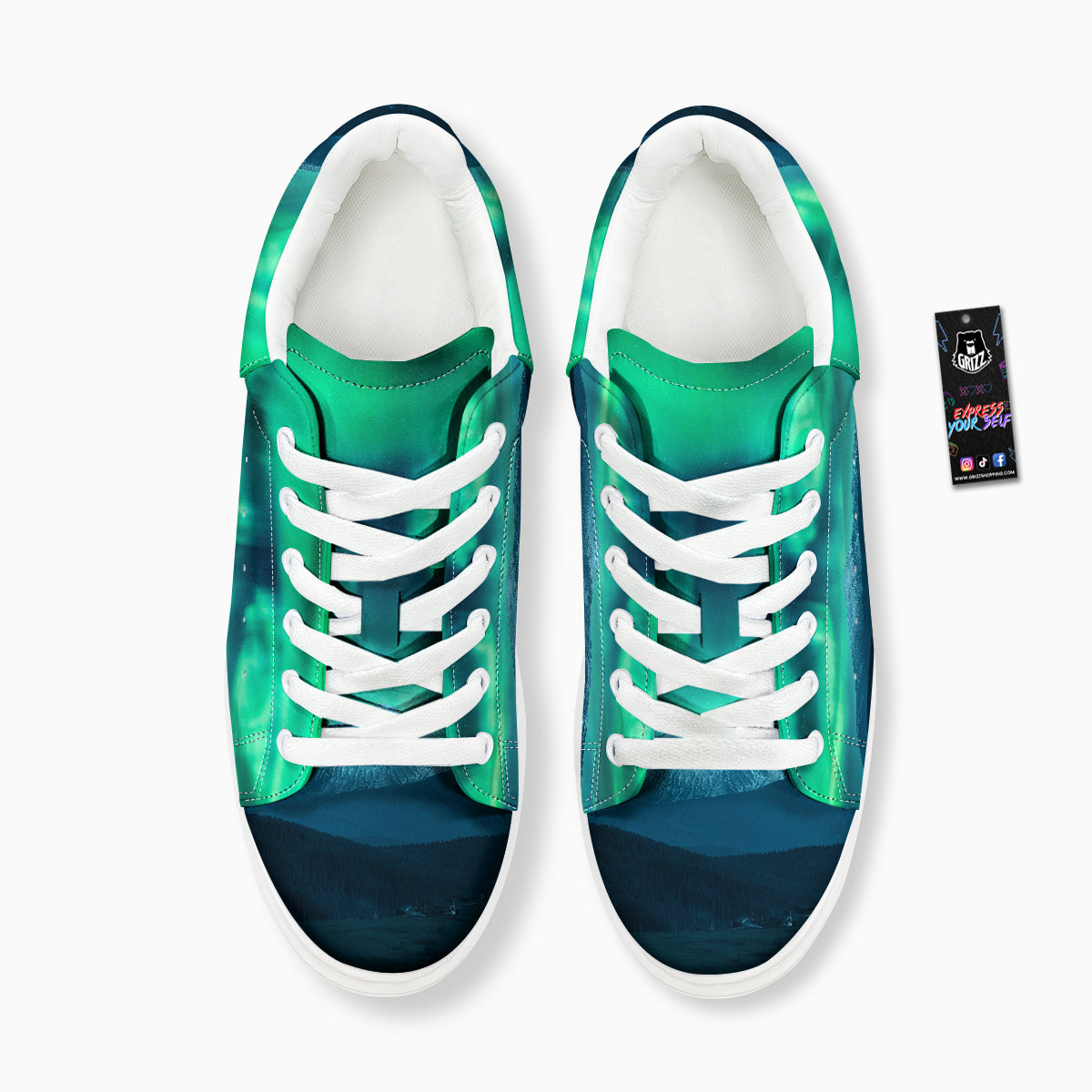Green Northern Lights And Snowy Mountains Print Platform Shoes-grizzshop