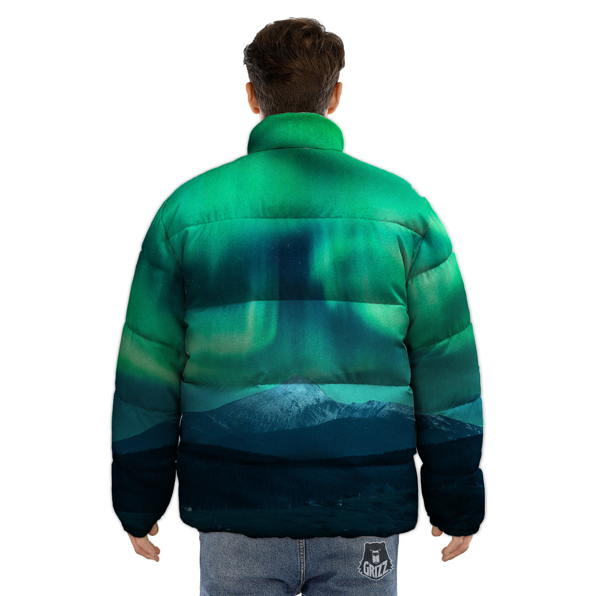 Green Northern Lights And Snowy Mountains Print Puffer Jacket-grizzshop