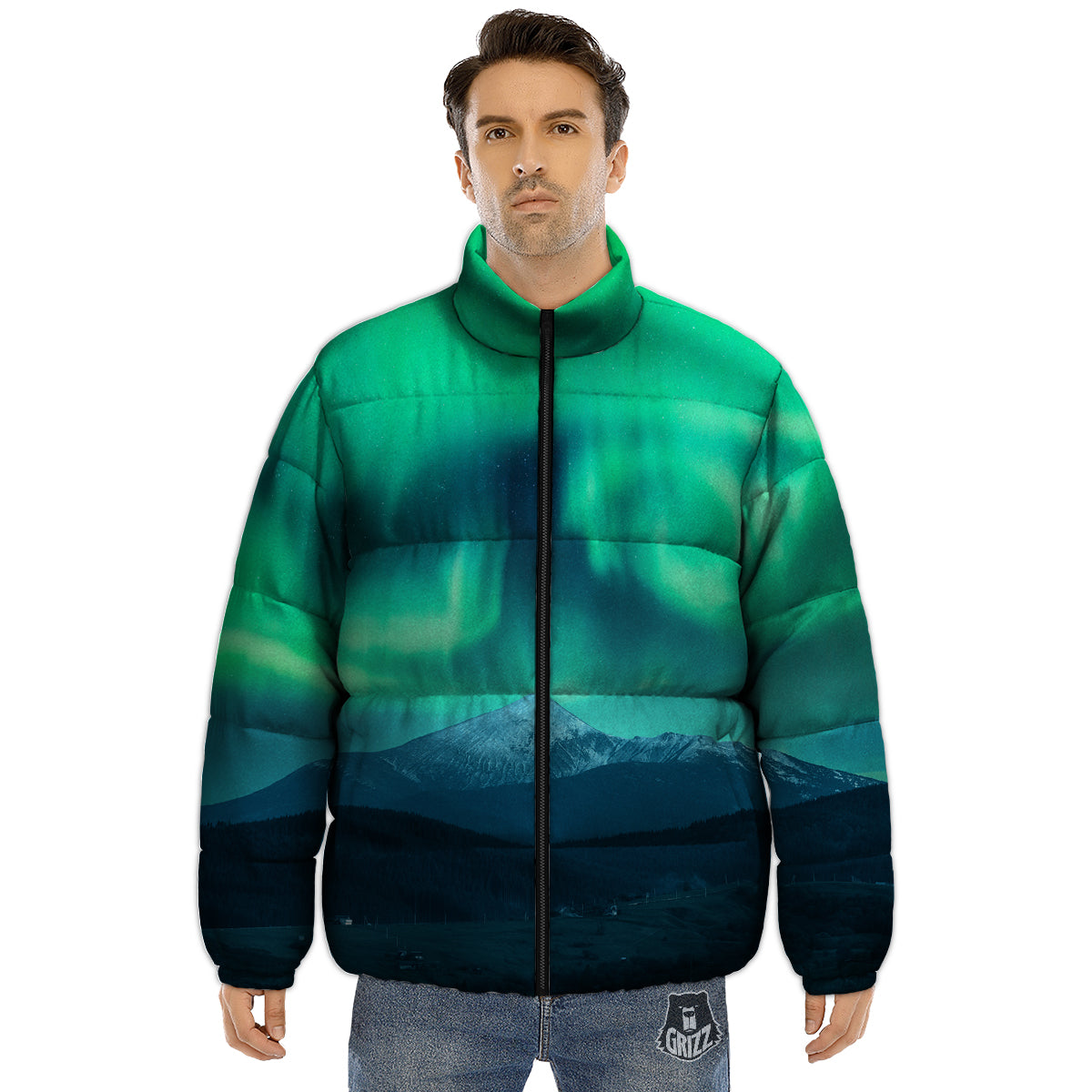 Green Northern Lights And Snowy Mountains Print Puffer Jacket-grizzshop