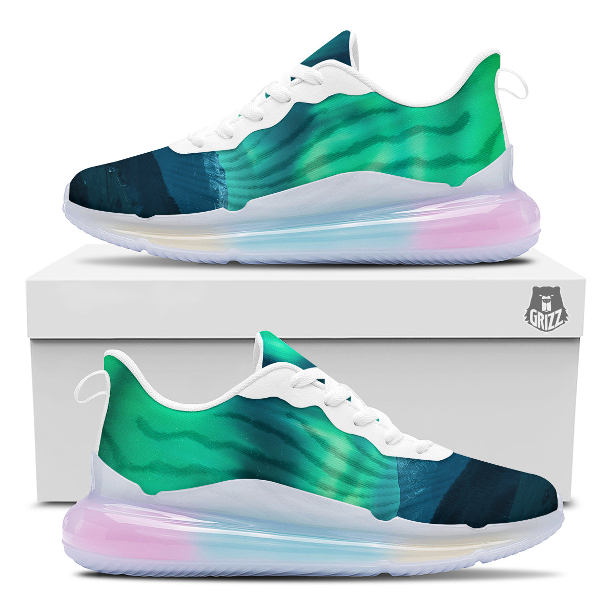 Green Northern Lights And Snowy Mountains Print Running Sneakers-grizzshop