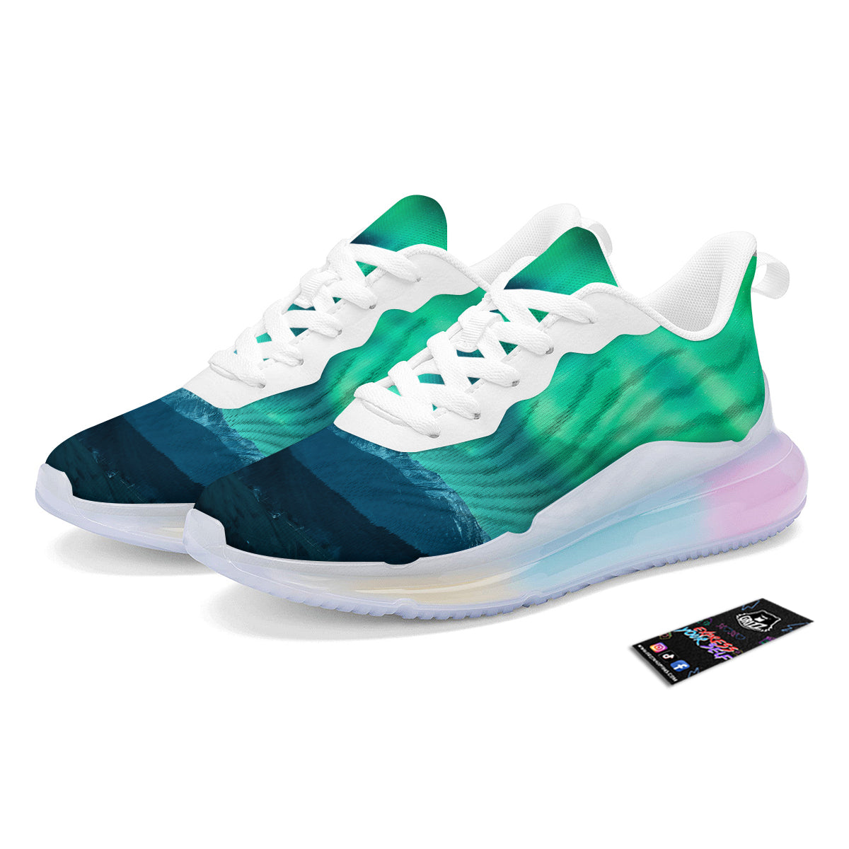 Green Northern Lights And Snowy Mountains Print Running Sneakers-grizzshop