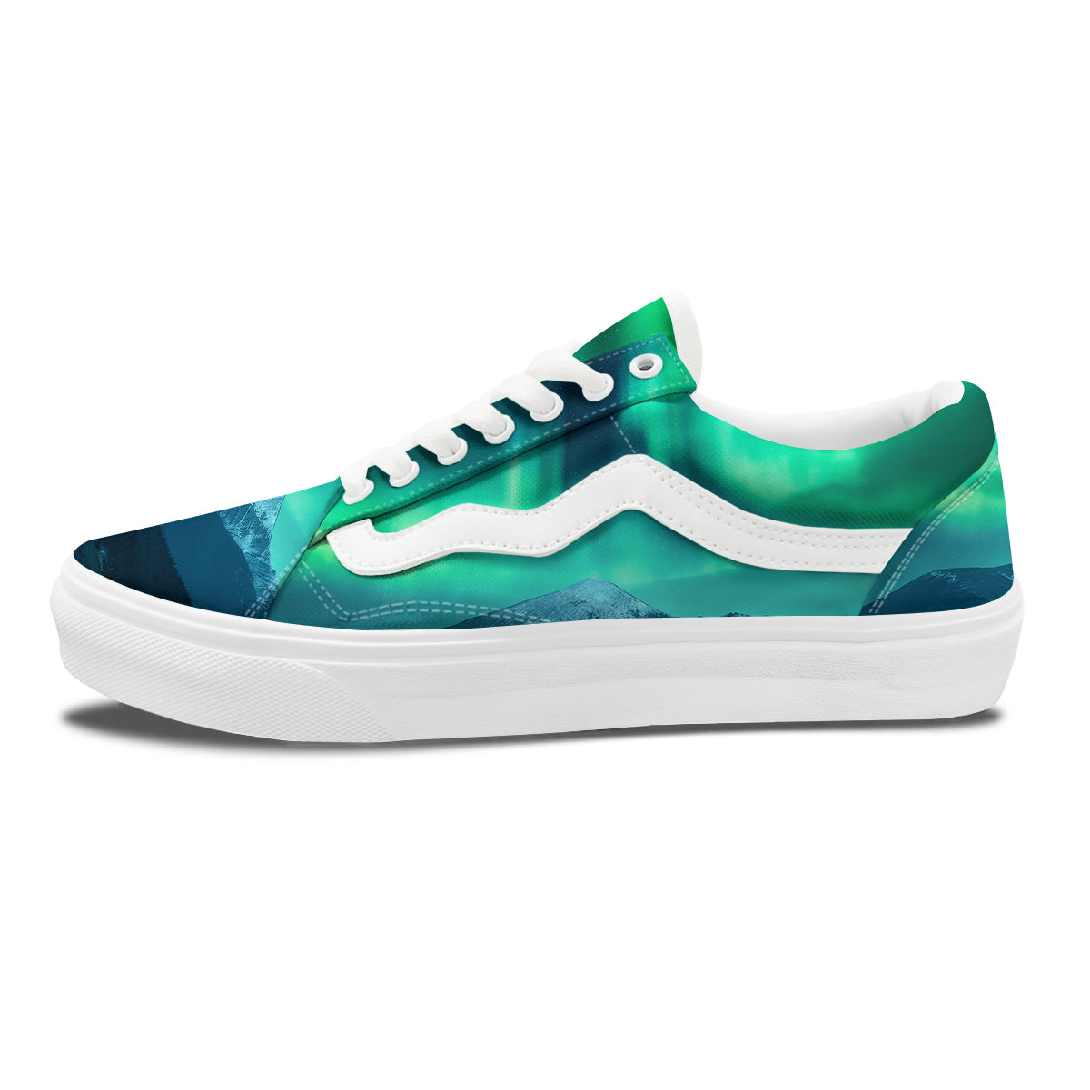 Green Northern Lights And Snowy Mountains Print Skate Shoes-grizzshop