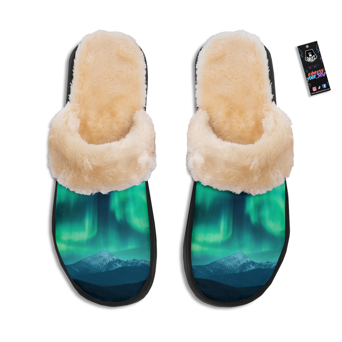 Green Northern Lights And Snowy Mountains Print Slippers-grizzshop