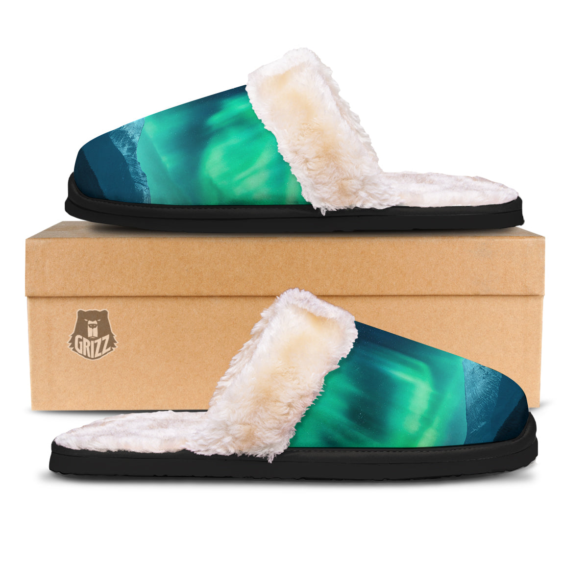 Green Northern Lights And Snowy Mountains Print Slippers-grizzshop