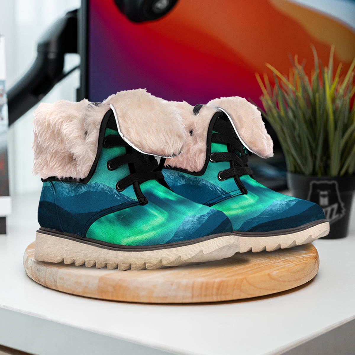 Green Northern Lights And Snowy Mountains Print Snow Boots-grizzshop