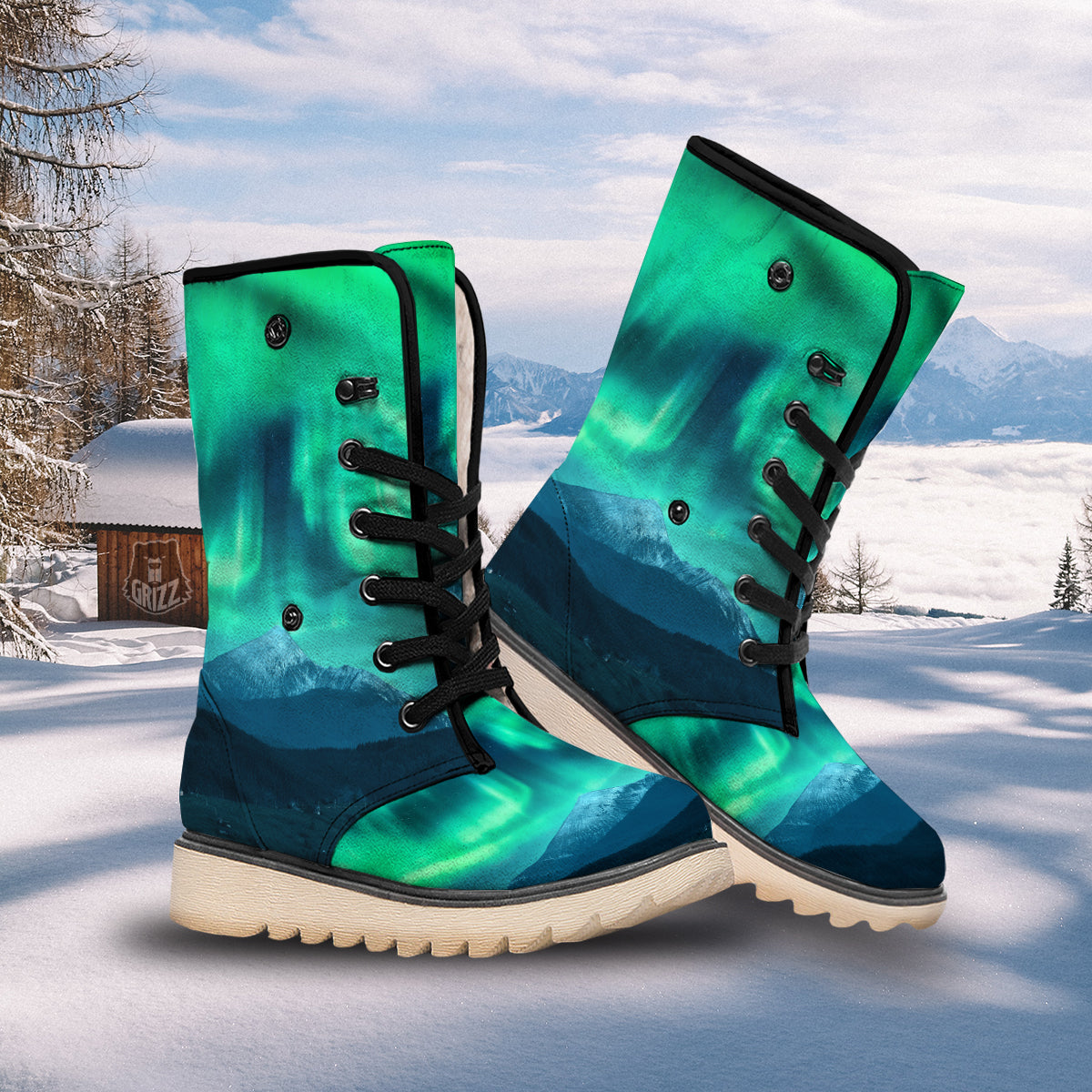 Green Northern Lights And Snowy Mountains Print Snow Boots-grizzshop