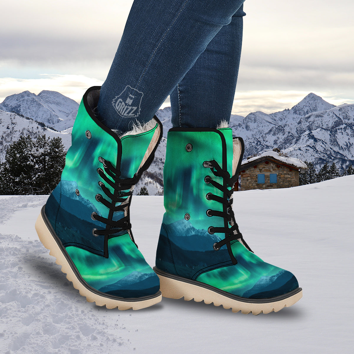 Green Northern Lights And Snowy Mountains Print Snow Boots-grizzshop