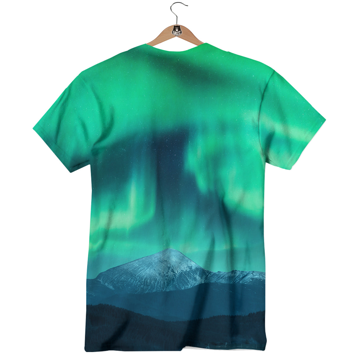 Green Northern Lights And Snowy Mountains Print T-Shirt-grizzshop