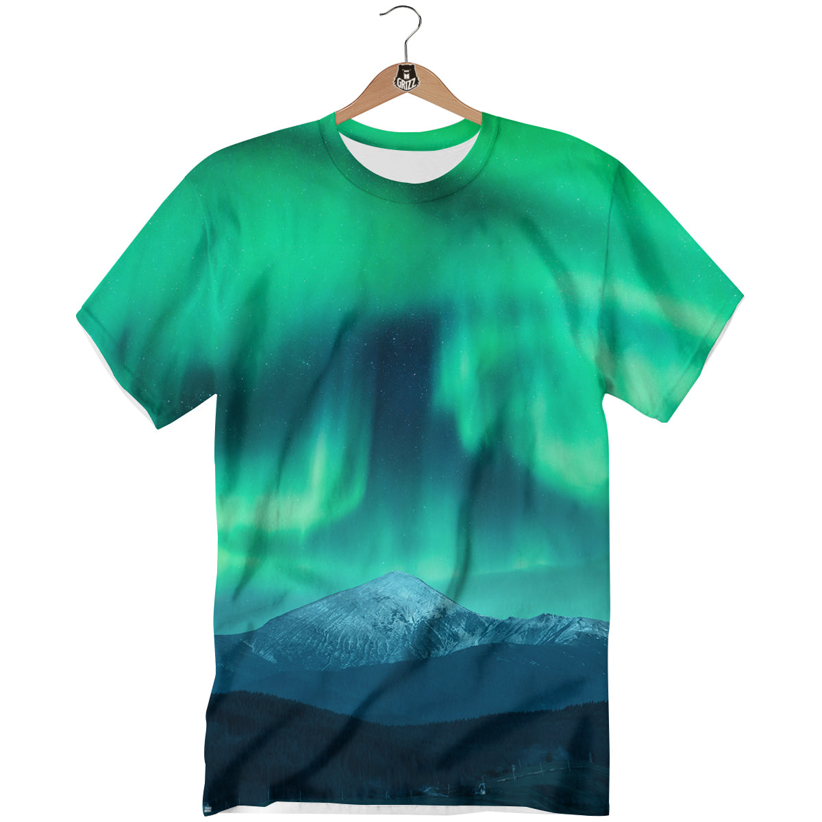 Green Northern Lights And Snowy Mountains Print T-Shirt-grizzshop