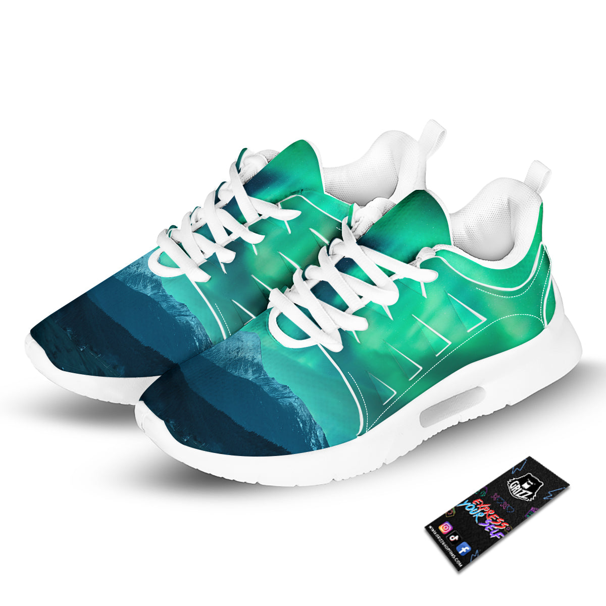Green Northern Lights And Snowy Mountains Print Tennis Shoes-grizzshop