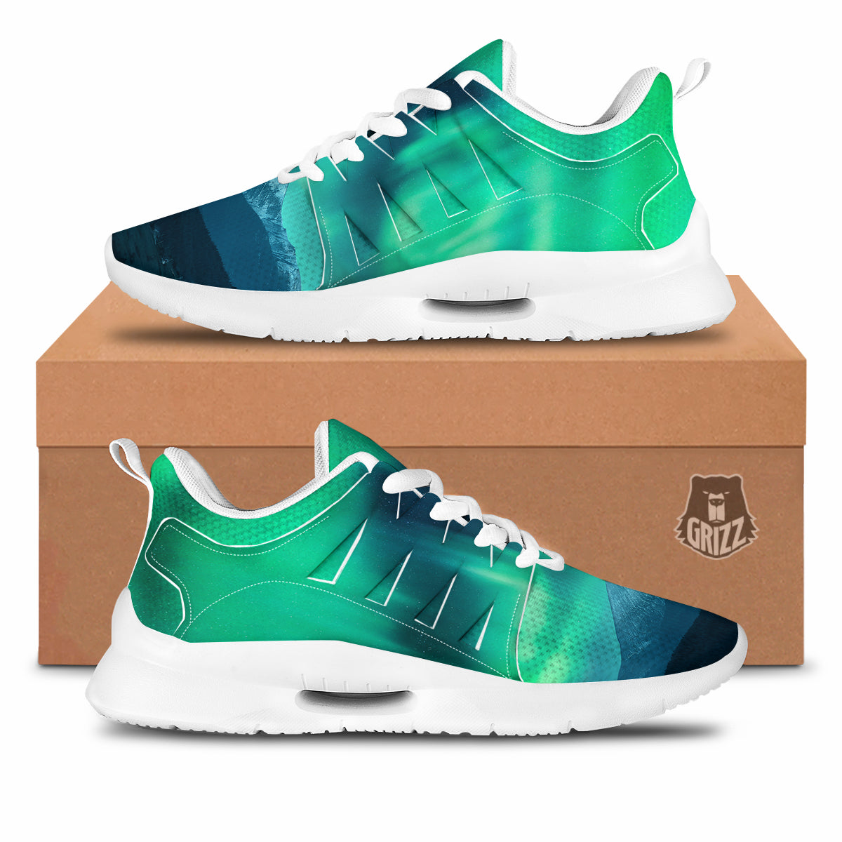Green Northern Lights And Snowy Mountains Print Tennis Shoes-grizzshop